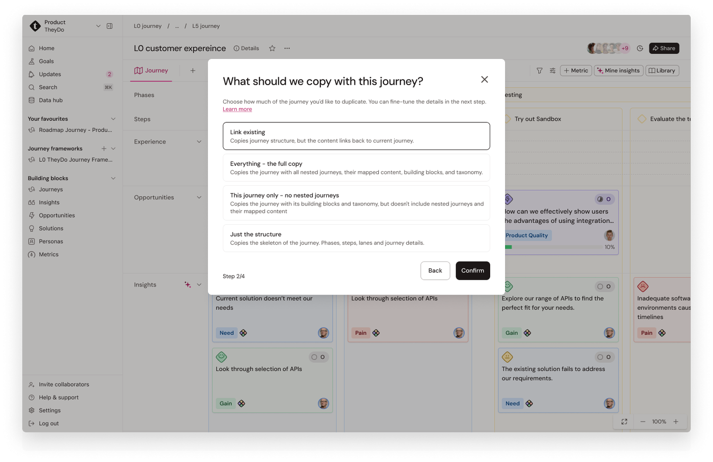TheyDo interface showing a journey duplication dialog with options for linking, copying, and structuring journey details.