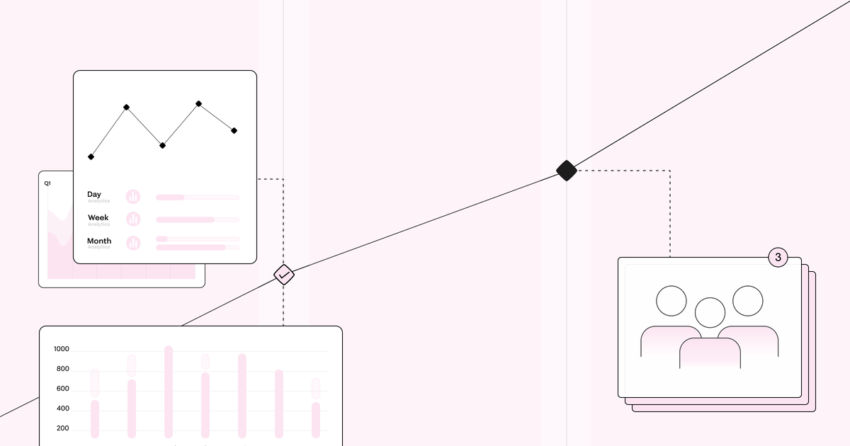 Abstract illustration of data visualization with line graphs, bar charts, and user icons connected by dotted lines on a light pink background.