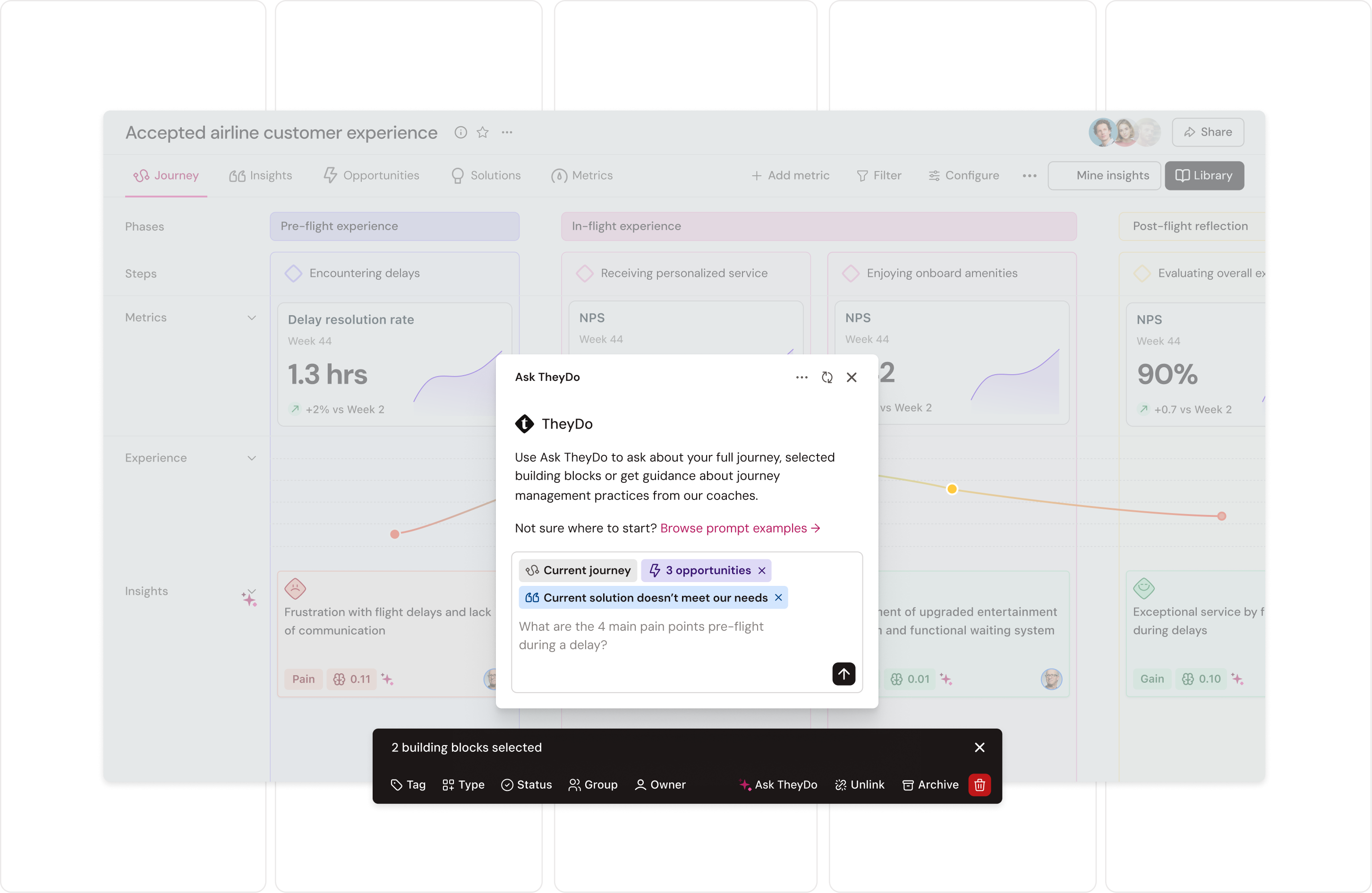 Dashboard with customer journey metrics, including efficiency, satisfaction scores, and journey stages, featuring a pop-up with options and tasks.