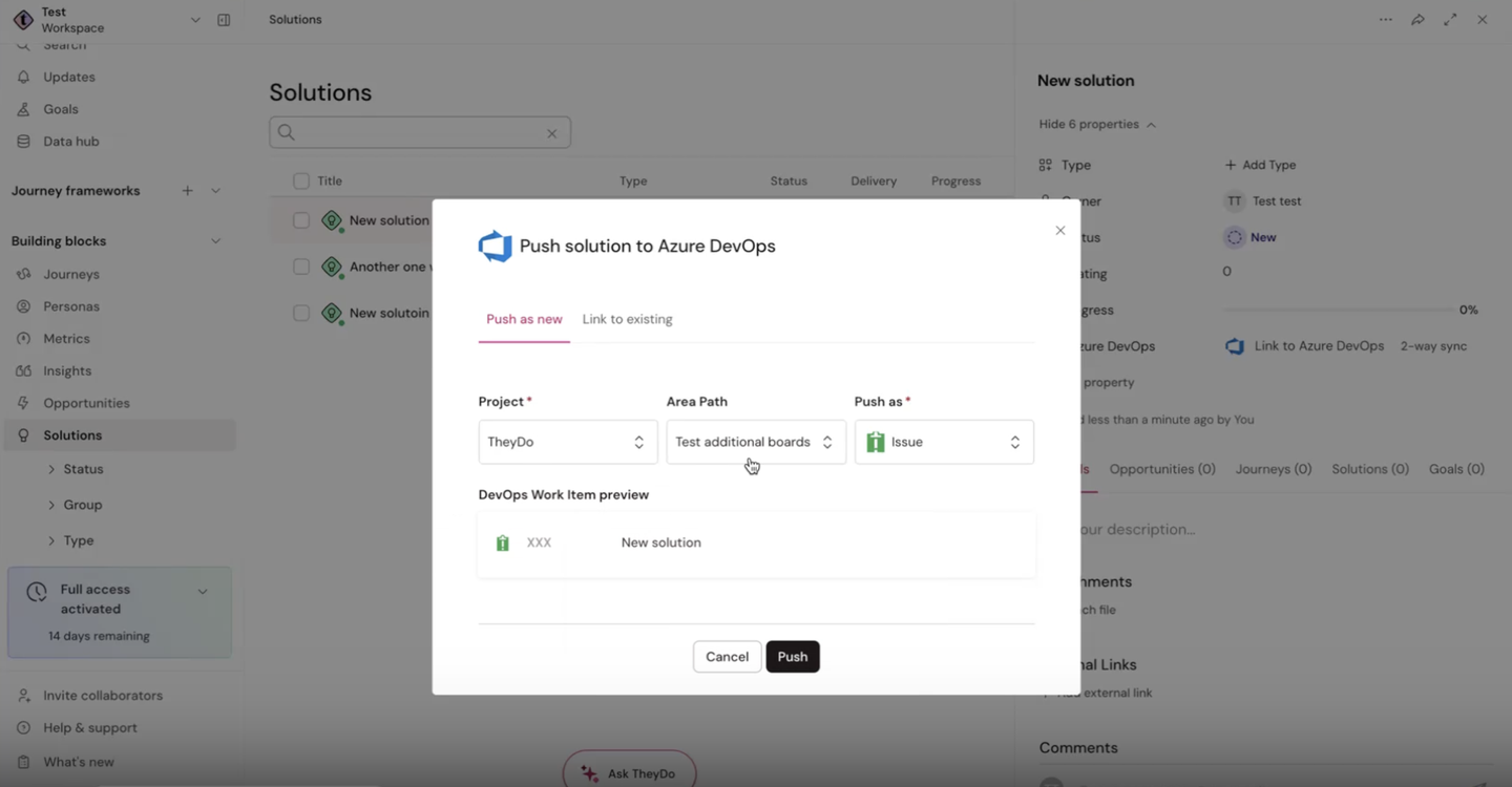 Dialog box showing options to "Push solution to Azure DevOps" with project name, area path, and push as settings, plus a push button.