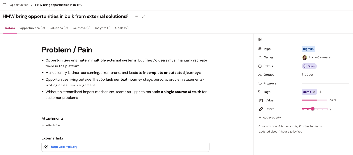 Screenshot of a webpage detailing a business problem. Includes bullet points about opportunities and challenges with multiple external systems.