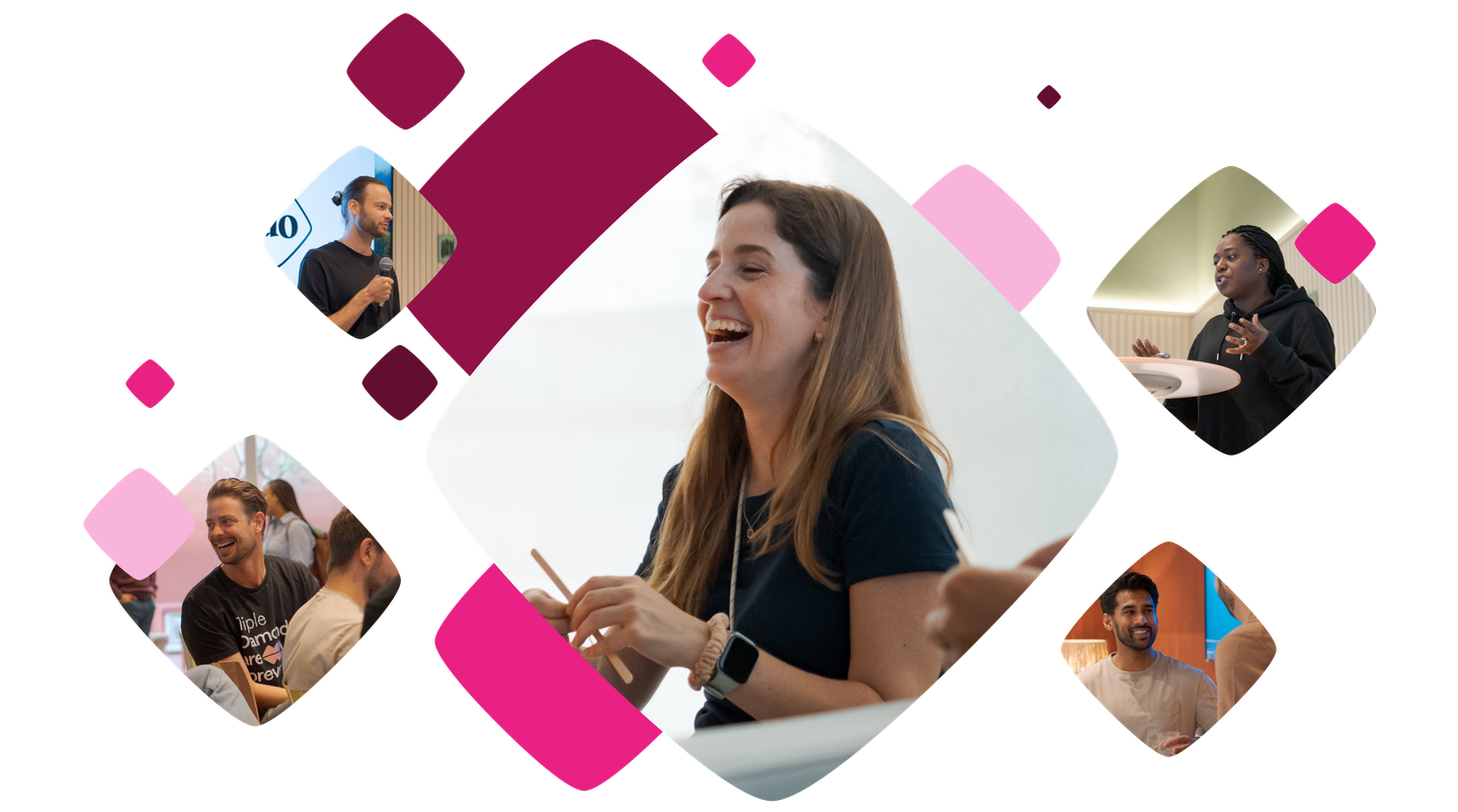 Collage of diverse individuals engaged in discussion and smiling, framed by colorful diamond shapes on a black background.