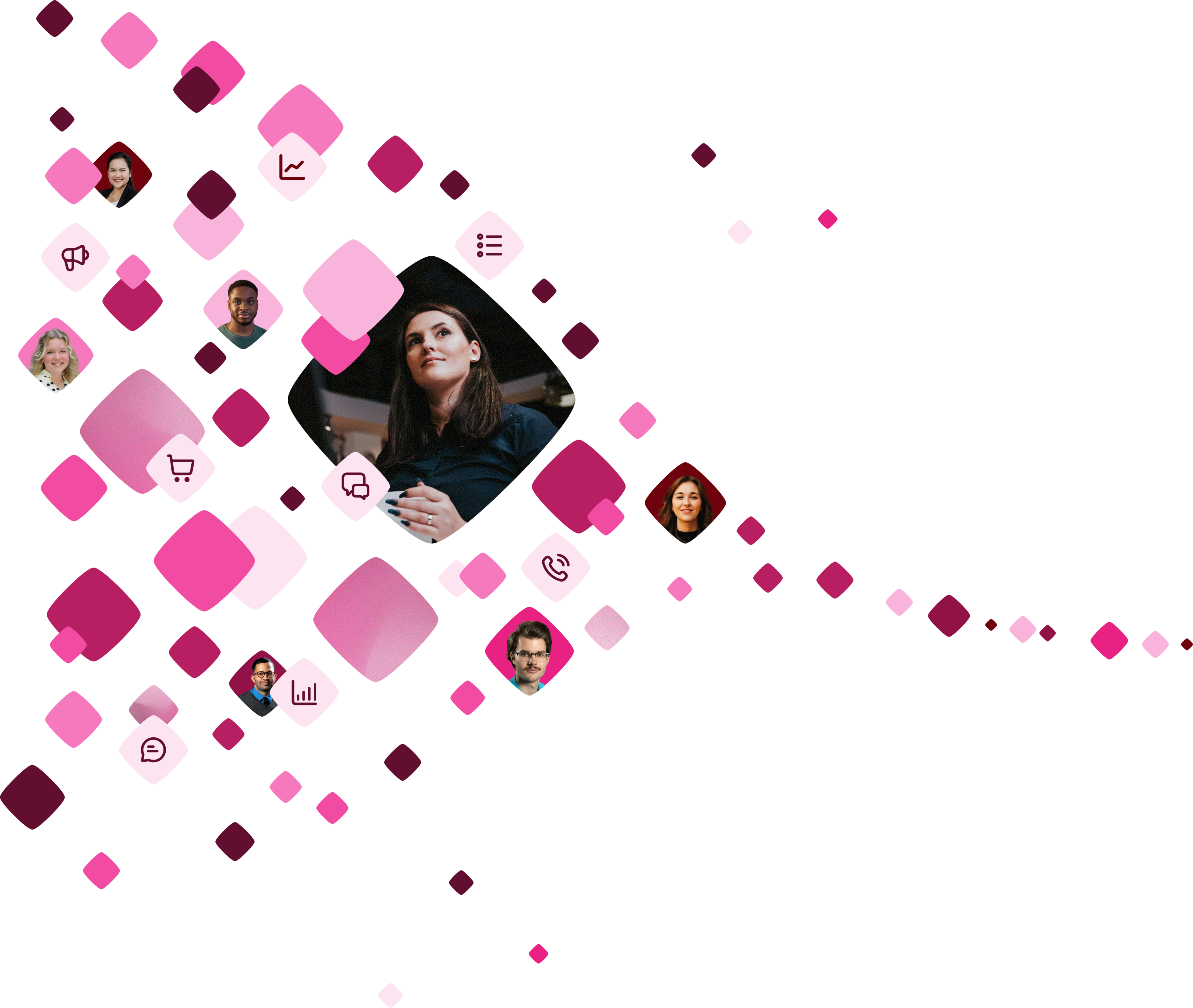 A collage of pink and white squares with icons and small photos of people, centered around a larger photo of a woman looking upwards.