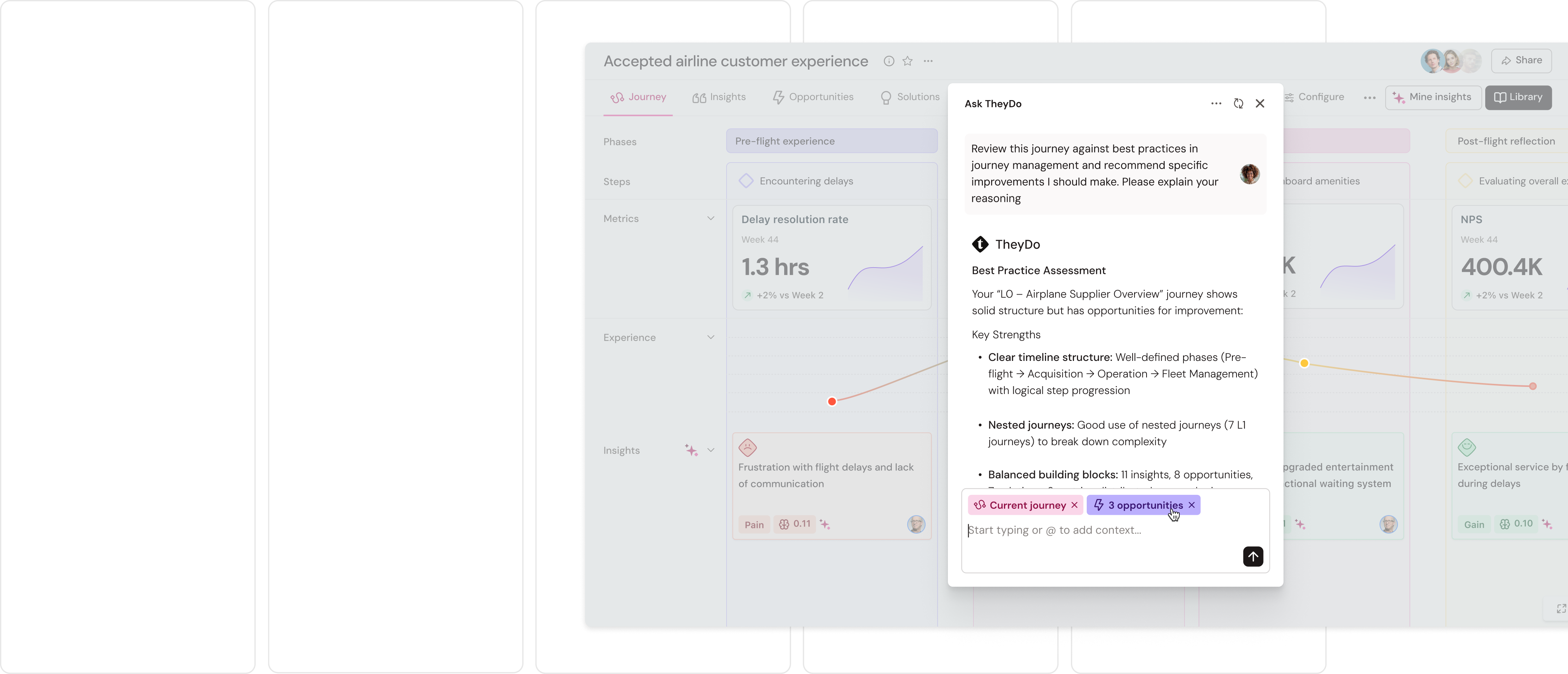 Computer screen displaying an interface with text about improving airline customer experience, featuring graphs and a collaboration chat window.