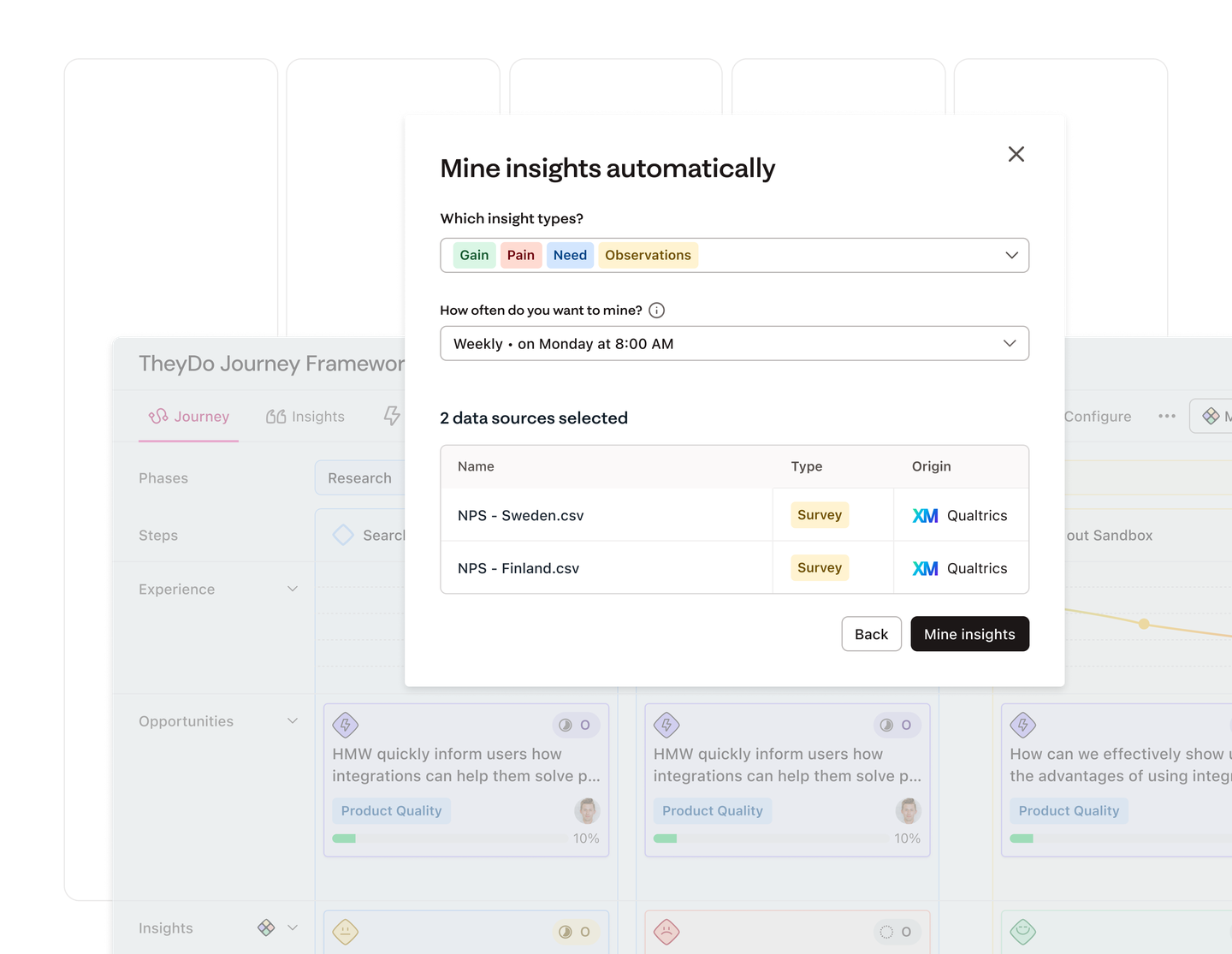 A software interface showing a pop-up for mining insights automatically, with options for insight types and data sources from Sweden and Finland.