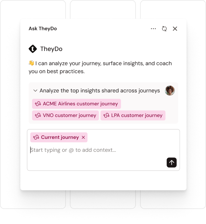Chat interface for journey analysis by TheyDo, showing options for analyzing customer journeys labeled ACME Airlines, VNO, and LPA.
