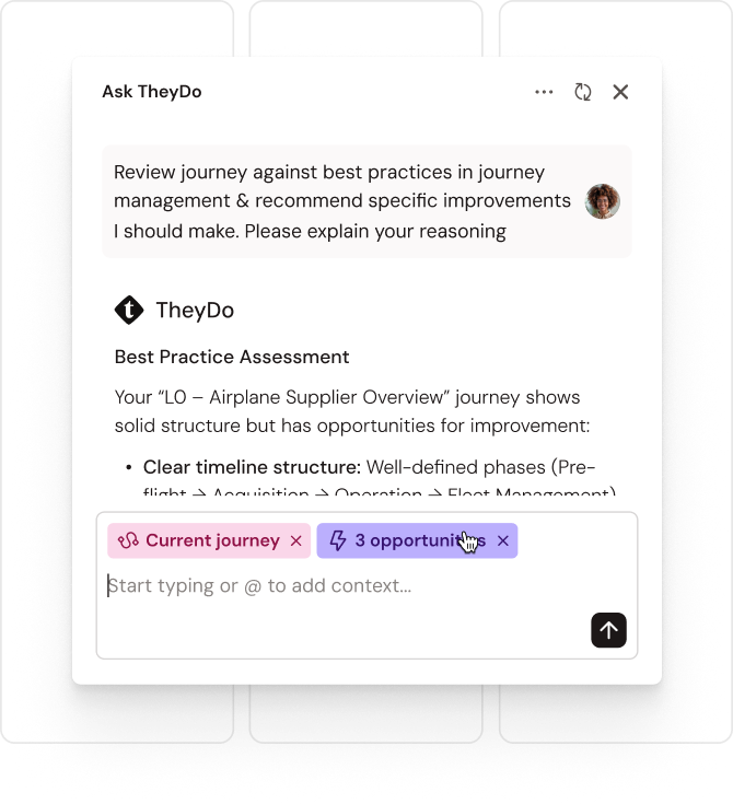 Chat interface showing a message request for journey assessment with suggestions and tagging options for categorizing insights.