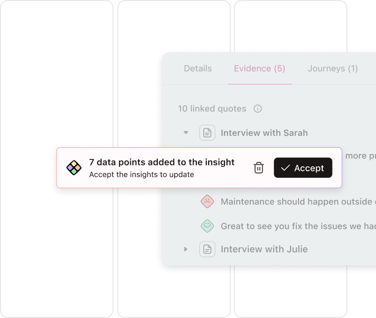 A digital interface showing a notification: "7 data points added to the insight" with options to accept or delete.