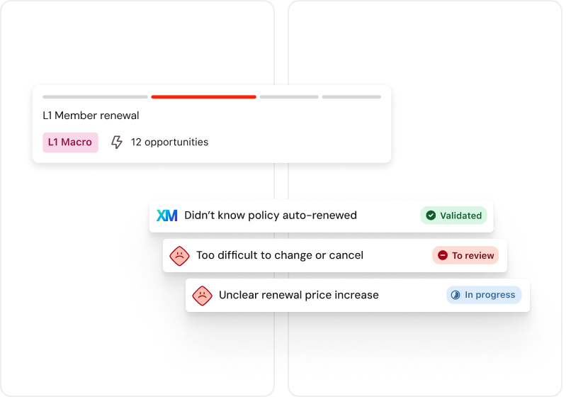 Flowchart showing L1 Member renewal with three issues: auto-renewal, change difficulty, price increase. Status: Validated, To review, In progress.