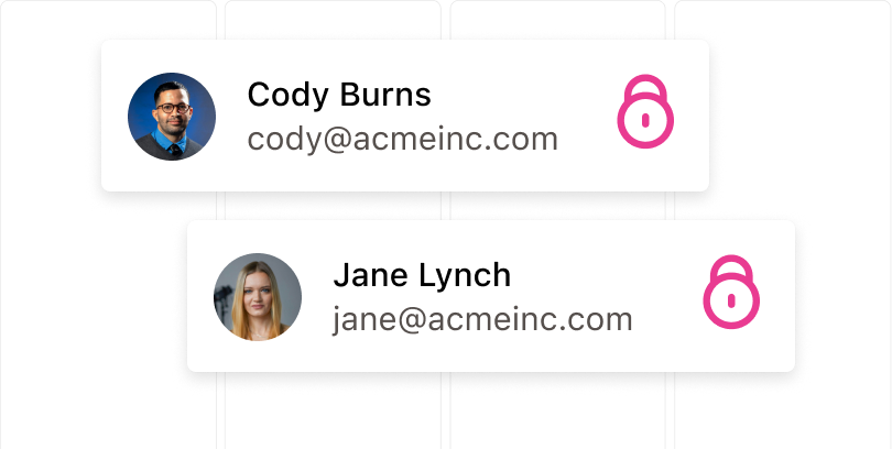 Profile cards with photos, names, and emails for Cody Burns and Jane Lynch, each displaying a pink lock icon.