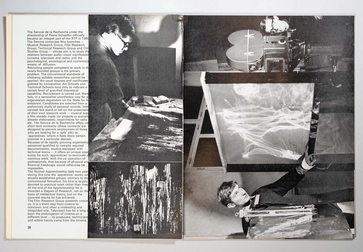 A photograph of an open book with text on the left and black-and-white photos on the right, featuring scientific equipment and a person examining a display.