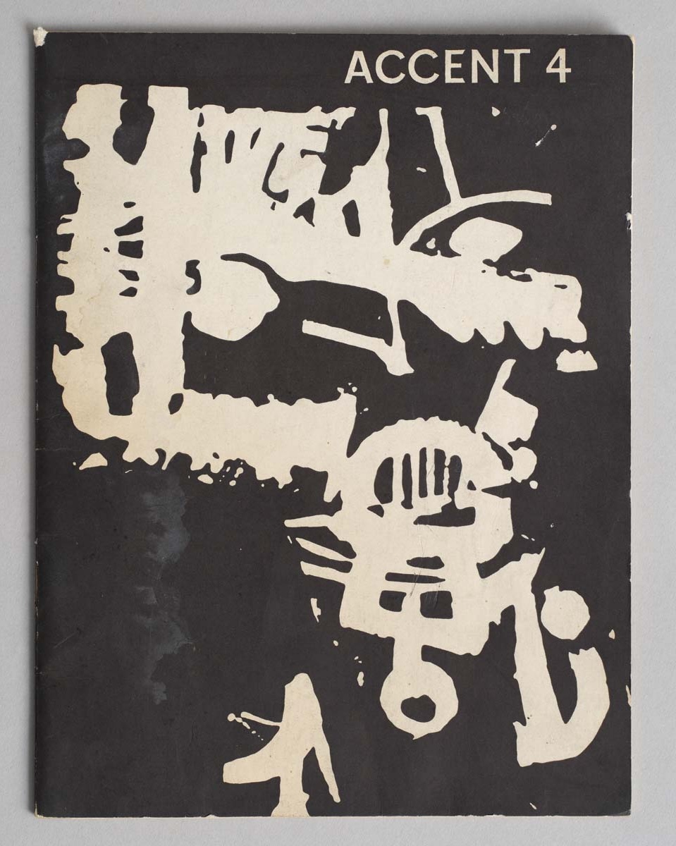 An abstract black and white cover of "ACCENT 4" with bold, irregular shapes and lines creating a dynamic, textured design.