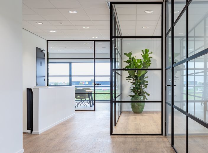 Glaswanden met zwarte strips