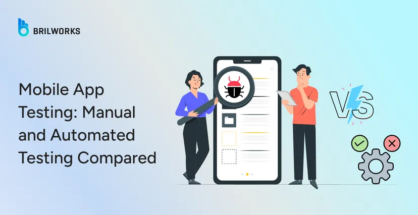Illustration of two people beside a large smartphone, one with a magnifying glass, text: "Mobile App Testing: Manual and Automated Testing Compared."