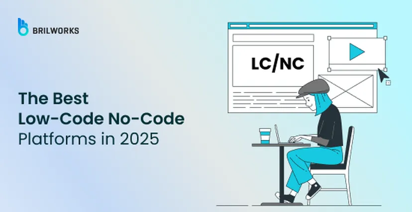 Banner with text "The Best Low-Code No-Code Platforms in 2025" and an illustration of a person working on a computer.