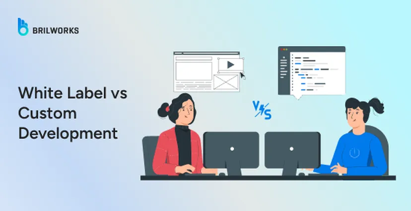 Illustration comparing white label vs custom development, featuring two people at computers with design and code elements in the background.