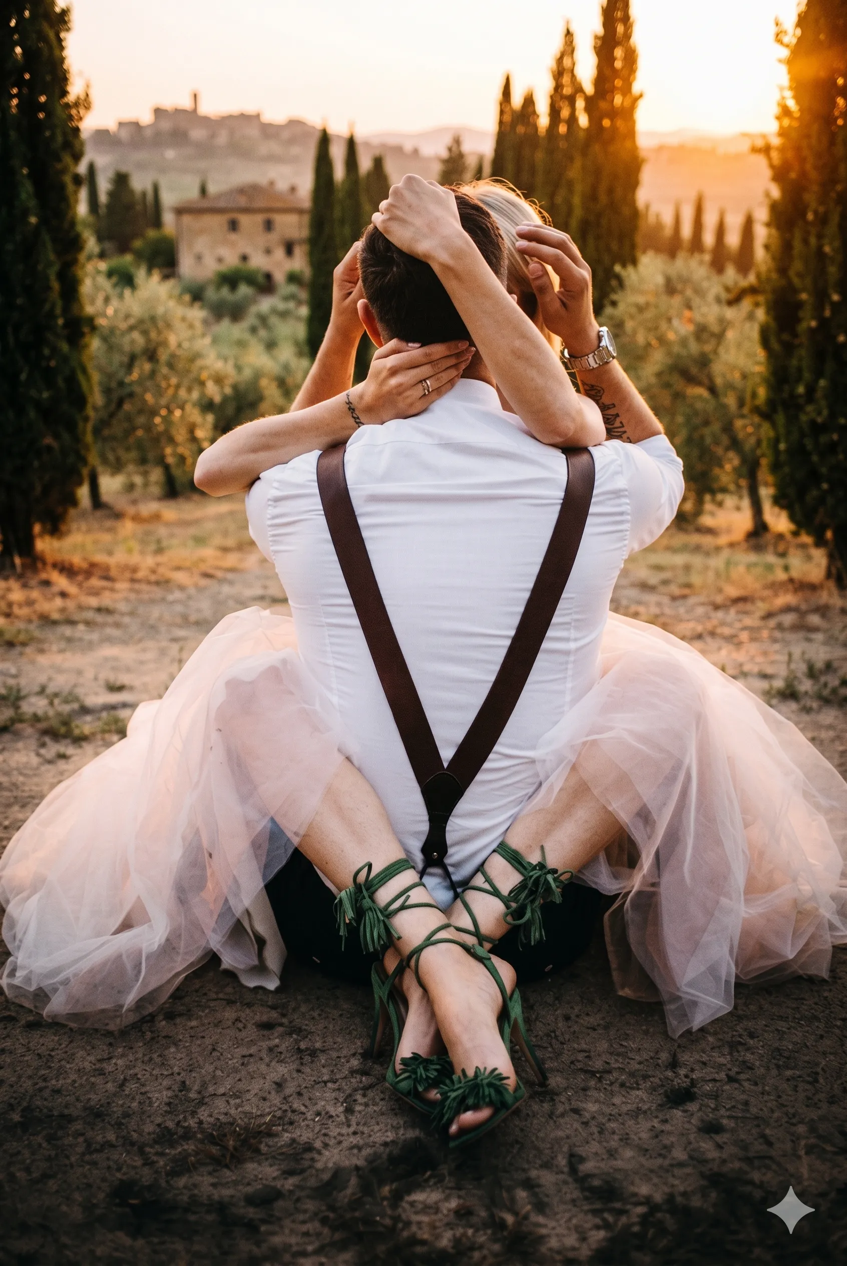 Trouwkleding met bretels voor bruidegom bruiloft Italië warm klimaat lekker luchtige trouwkleding man