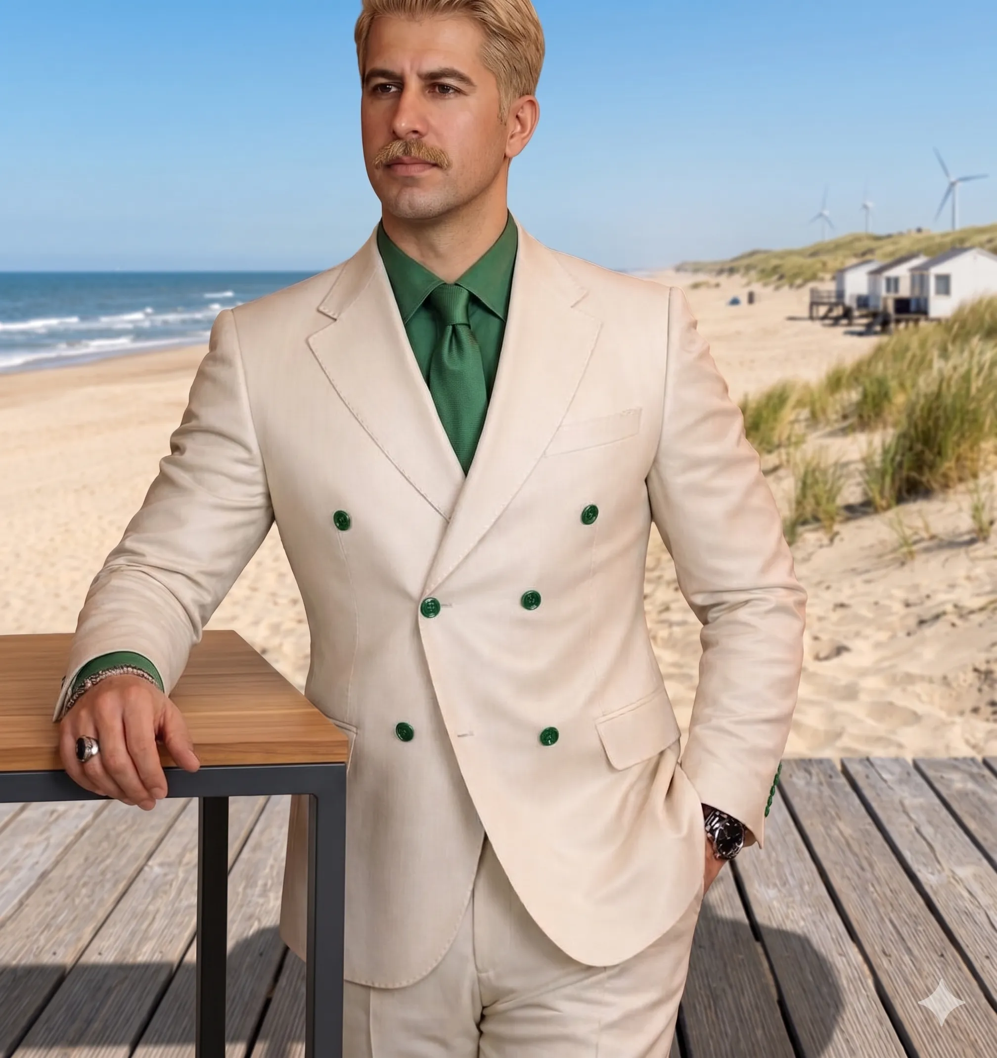 Double breasted trouwpak in kleur beige voor chique zomerse look bruidegom