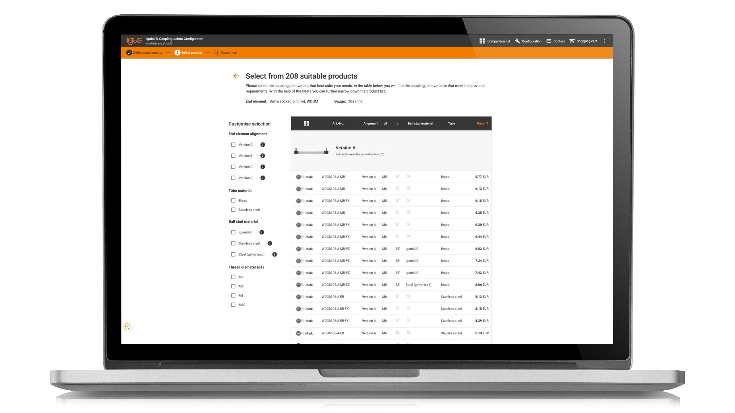Screenshot des Koppelstangen-Konfigurator, den nexum für igus entwickelt hat
