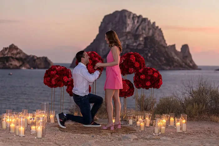Wedding proposal at Es Vedrà Ibiza — evening celebrations, Ibiza