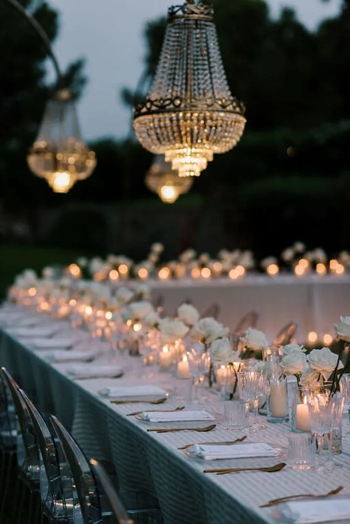 White flowers, candles, chandeliers, dinner, romantic, private event