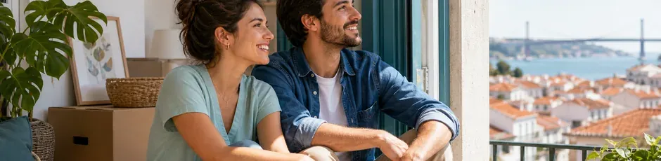 Jovem casal a analisar documentos de garantia pública para crédito habitação em Portugal