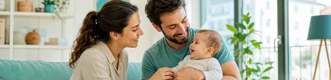 Casal com bebé representa a licença parental 100% durante seis meses em Portugal