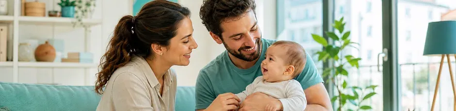 Casal com bebé representa a licença parental 100% durante seis meses em Portugal