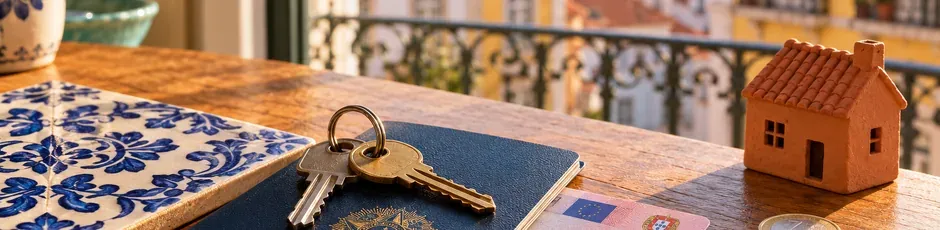 Casa portuguesa com documentos de crédito, simbolizando apoio a brasileiros na compra de imóvel