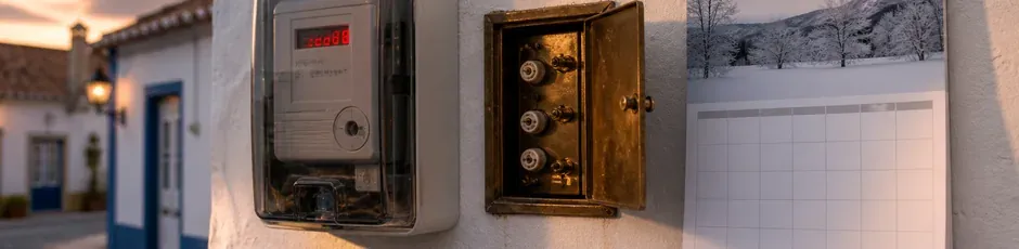 Contador de eletricidade e gráfico de subida, simbolizando o aumento da tarifa da luz em 2027