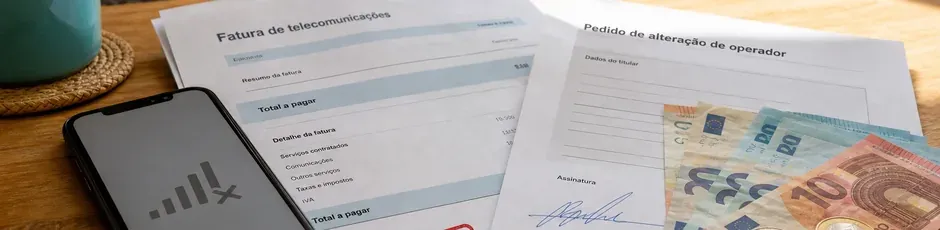 Cliente a analisar fatura de telecomunicações, ilustrando compensação ANACOM mudança operador