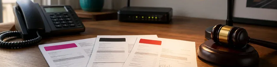 Martelo de decisão regulatória junto a logótipos de operadoras de telecomunicações, simbolizando coima aplicada pelo regulado