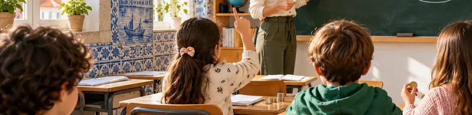 Professor explica conceitos de poupança a alunos numa sala de aula portuguesa