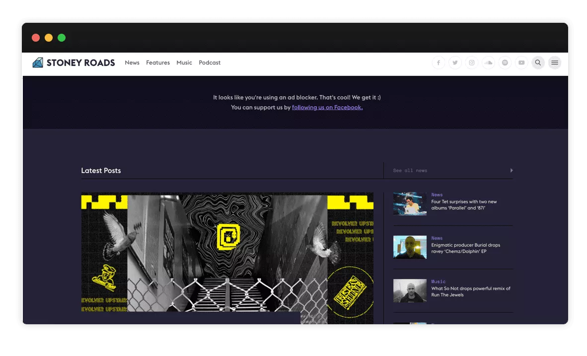 Screenshot of Stoney Roads homepage with navy blue, white, and black background