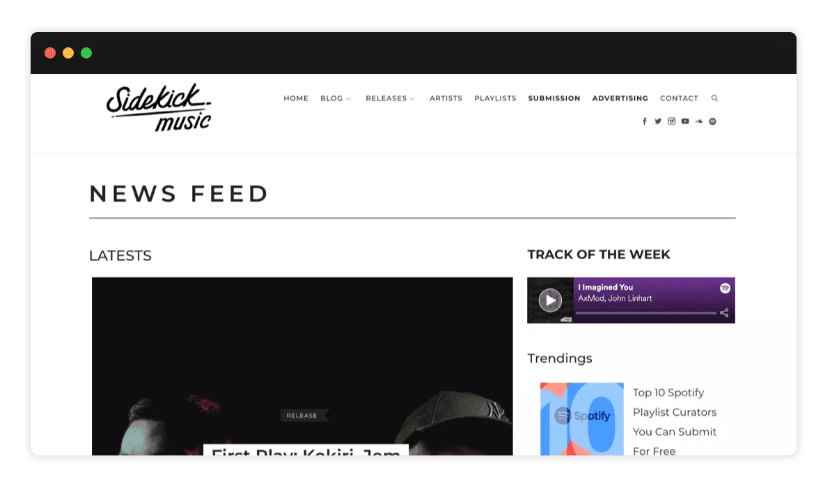 Screenshot of Sidekick Music homepage with white and black background
