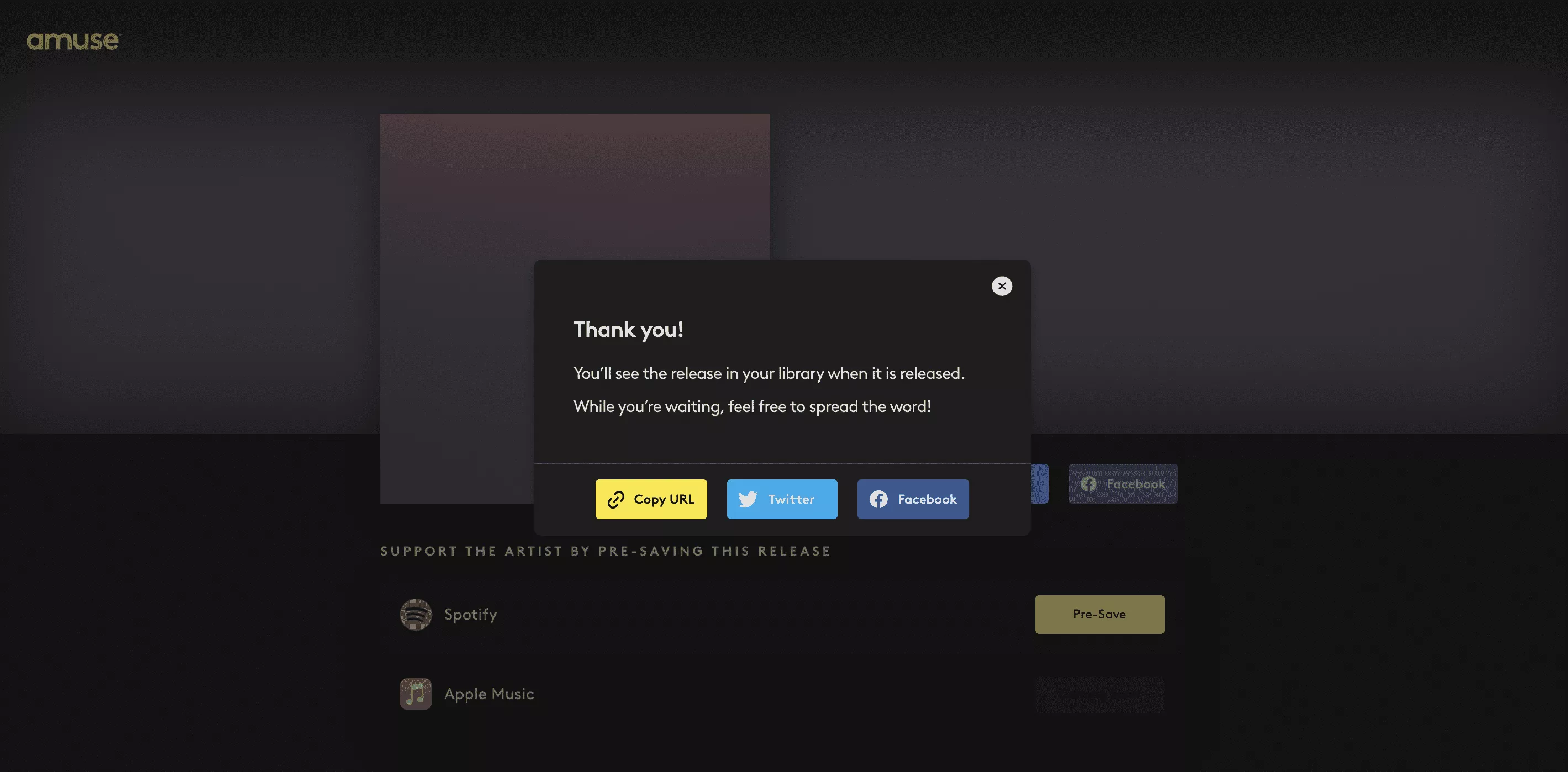 Amuse webpage with text "Thank you!" after pre-saving track