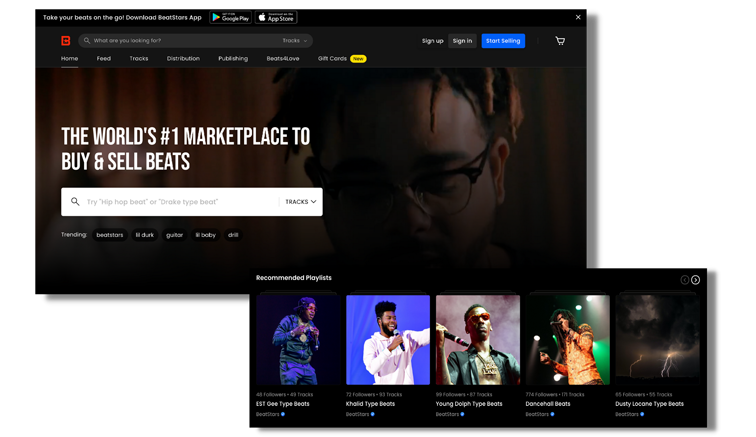 Screenshot of Beatstars homepage with black background on web