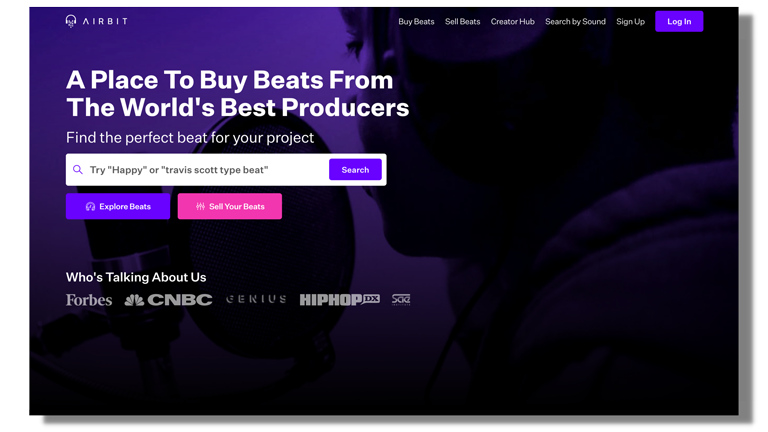 Screenshot of Airbit homepage with purple and black background on web