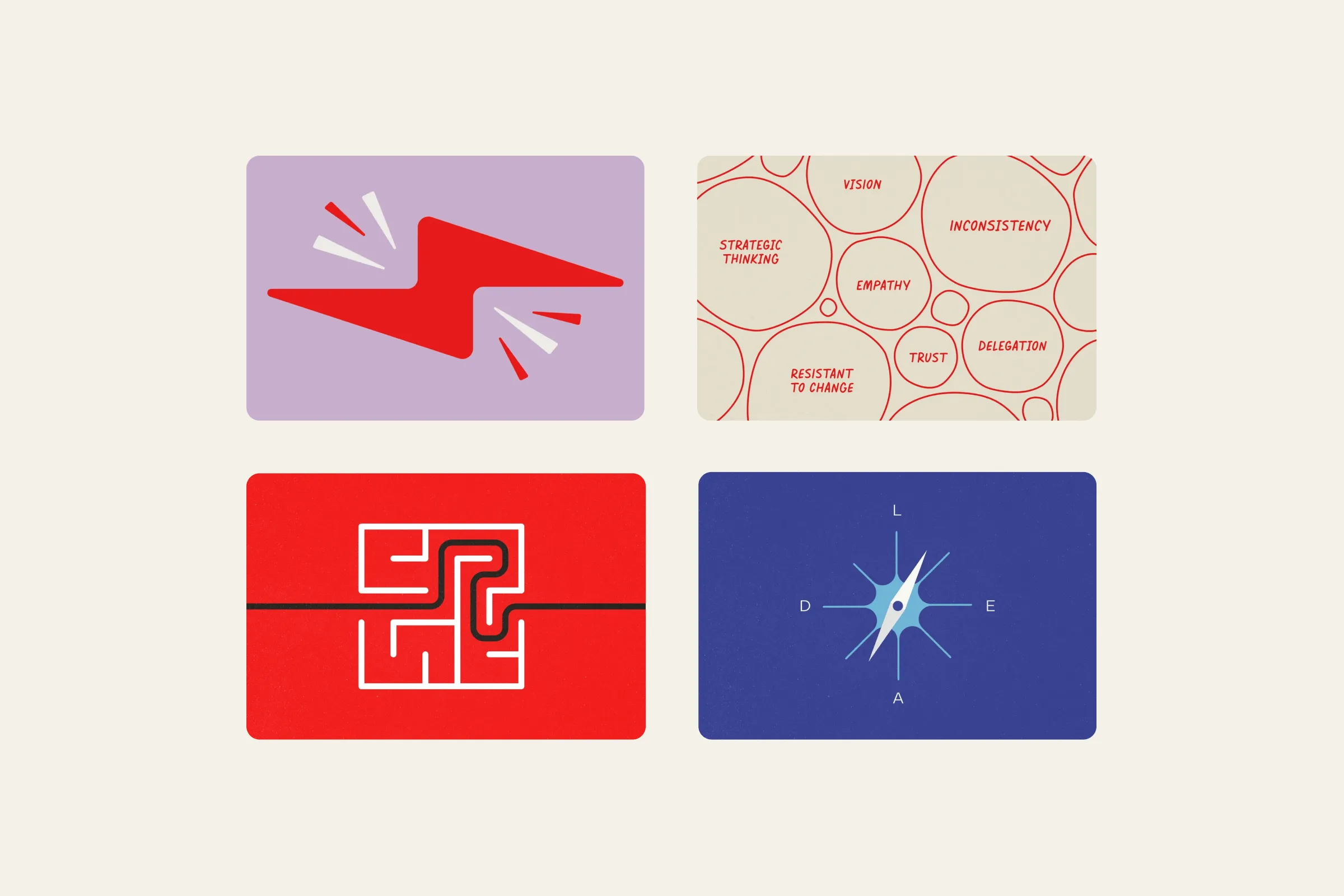Four different graphics drawn to illustrate the topics of articles written on the website
