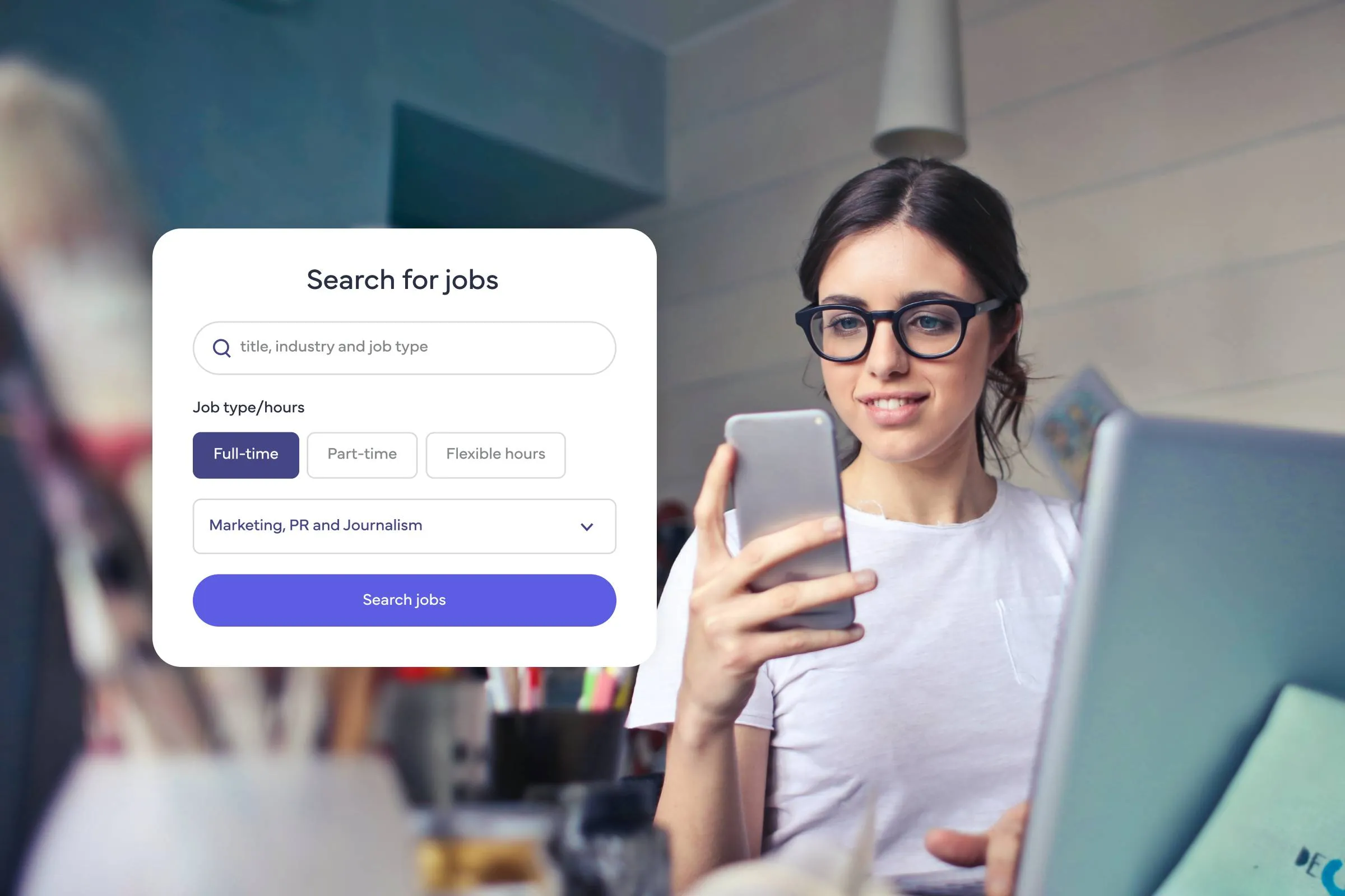 A girl in glasses looks at her phone. Overlaid with the design created for the search functionality