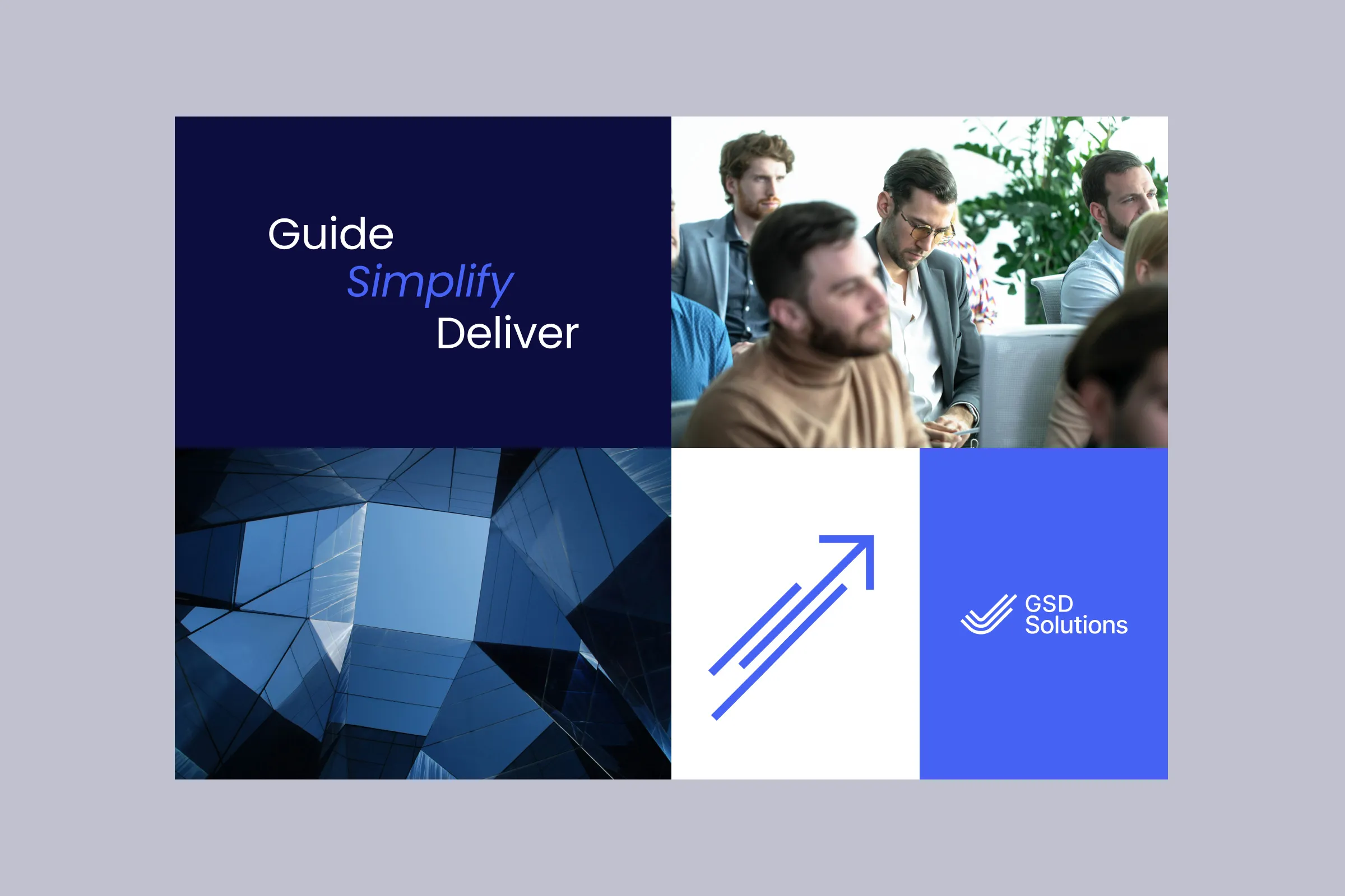 A grid of images showing various brand assets - typographic statements, photographic style of people and geometric architecture, the logo and icon designs continuing the graphic theme of three lines or parts
