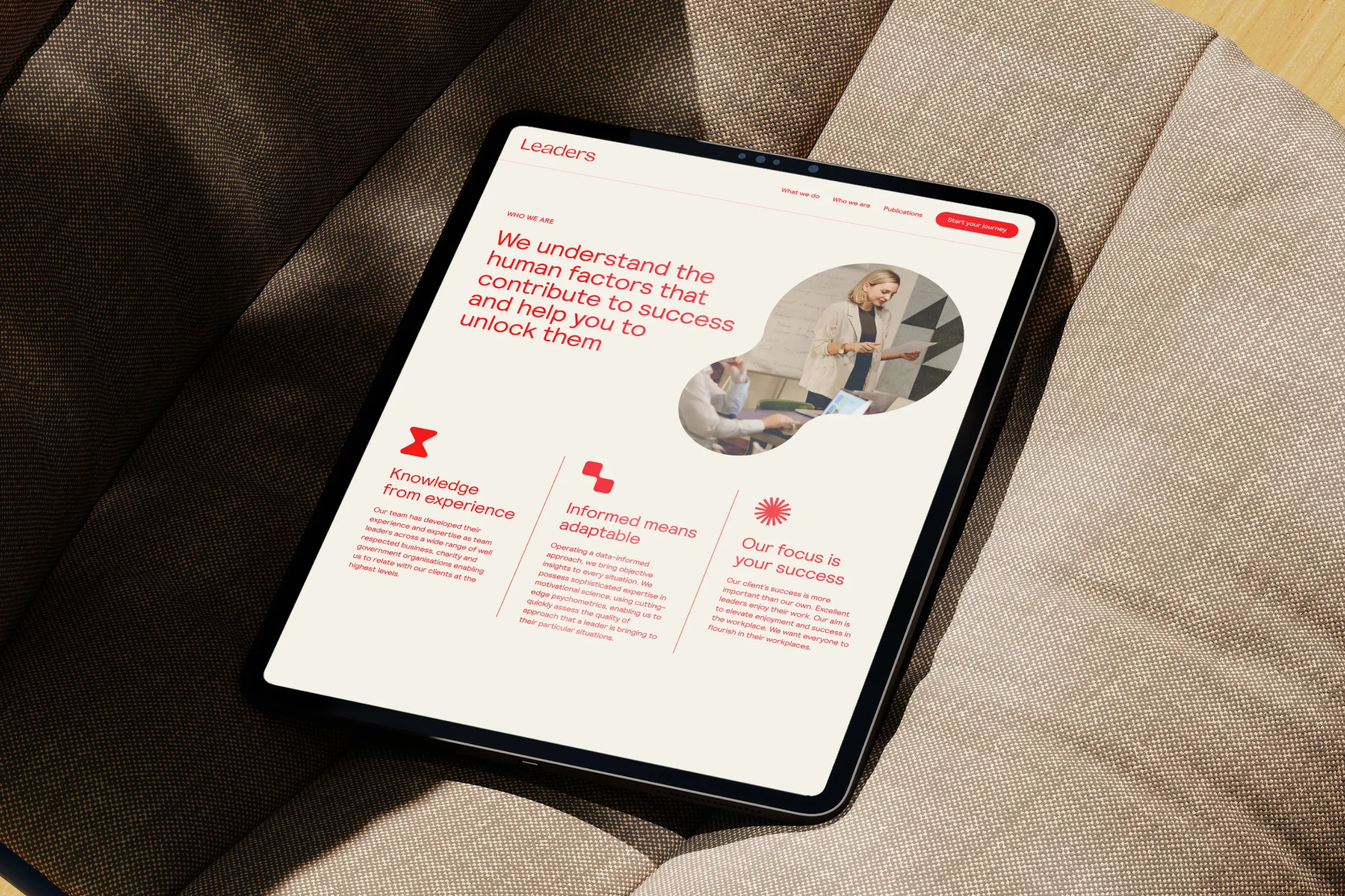 An iPad showing a page from the Leader’s website that displayed the use of shape and iconography