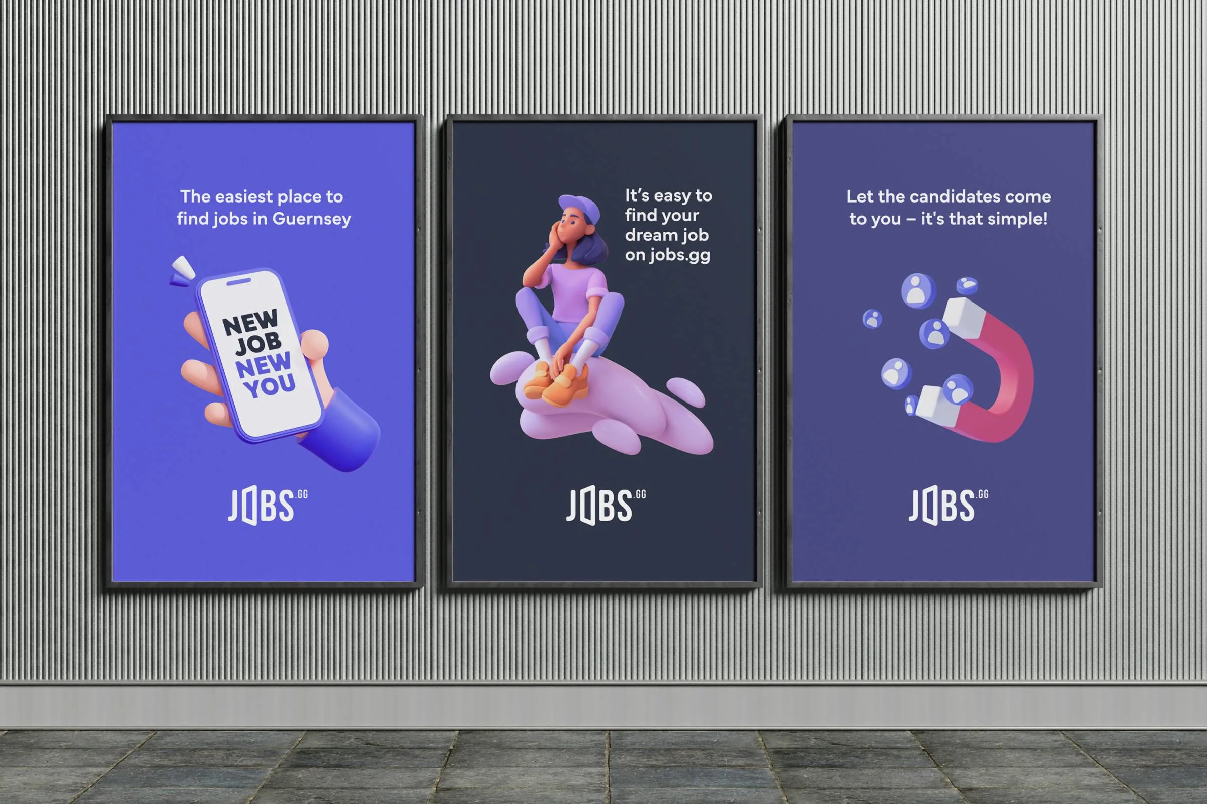 Example of three outdoor poster designs portraying the strong brand created for jobs.gg