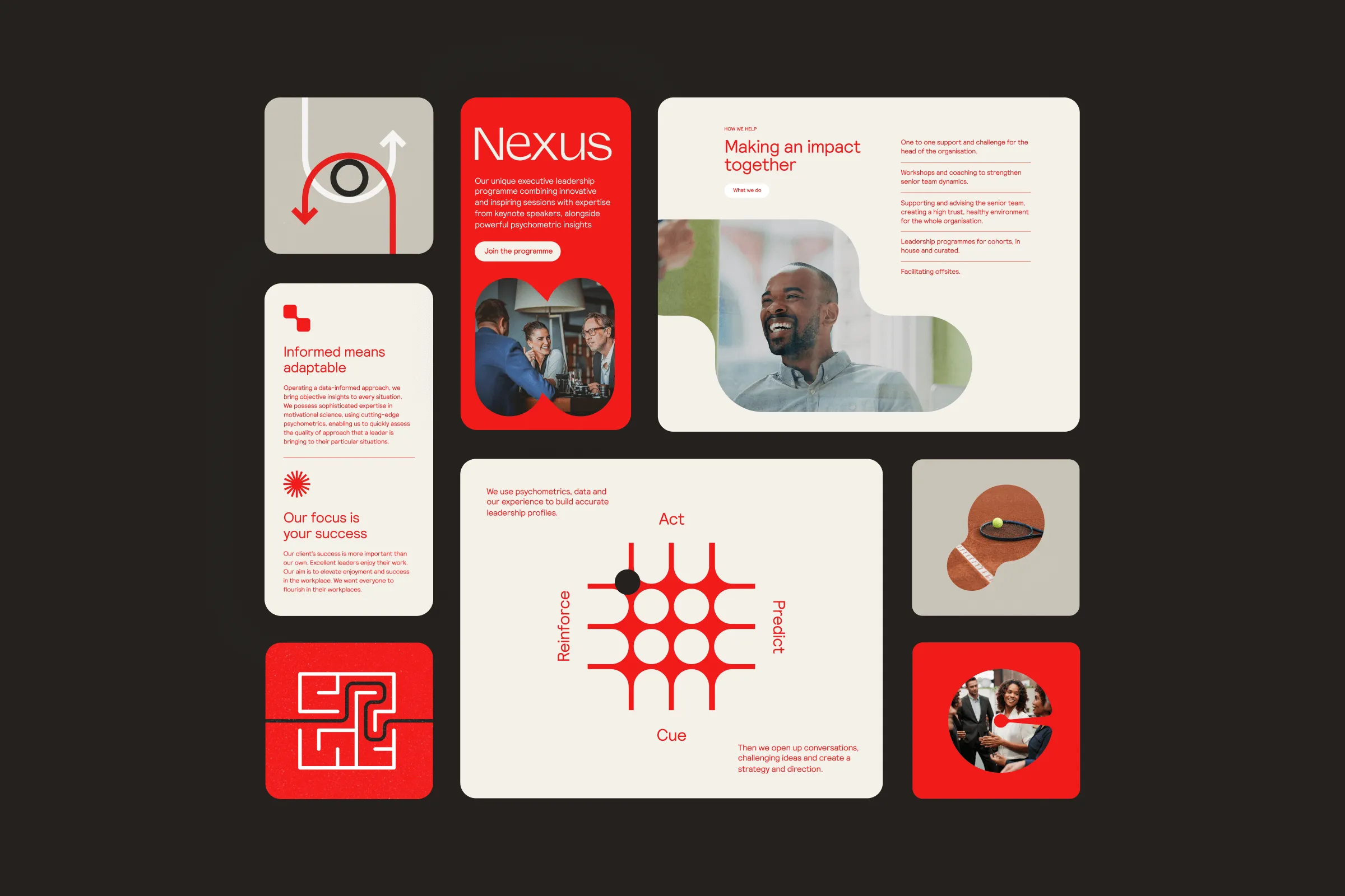 A grid panels designs taken from the website showing how the brand and shapes are applied to different types of content, from text and photos to animation