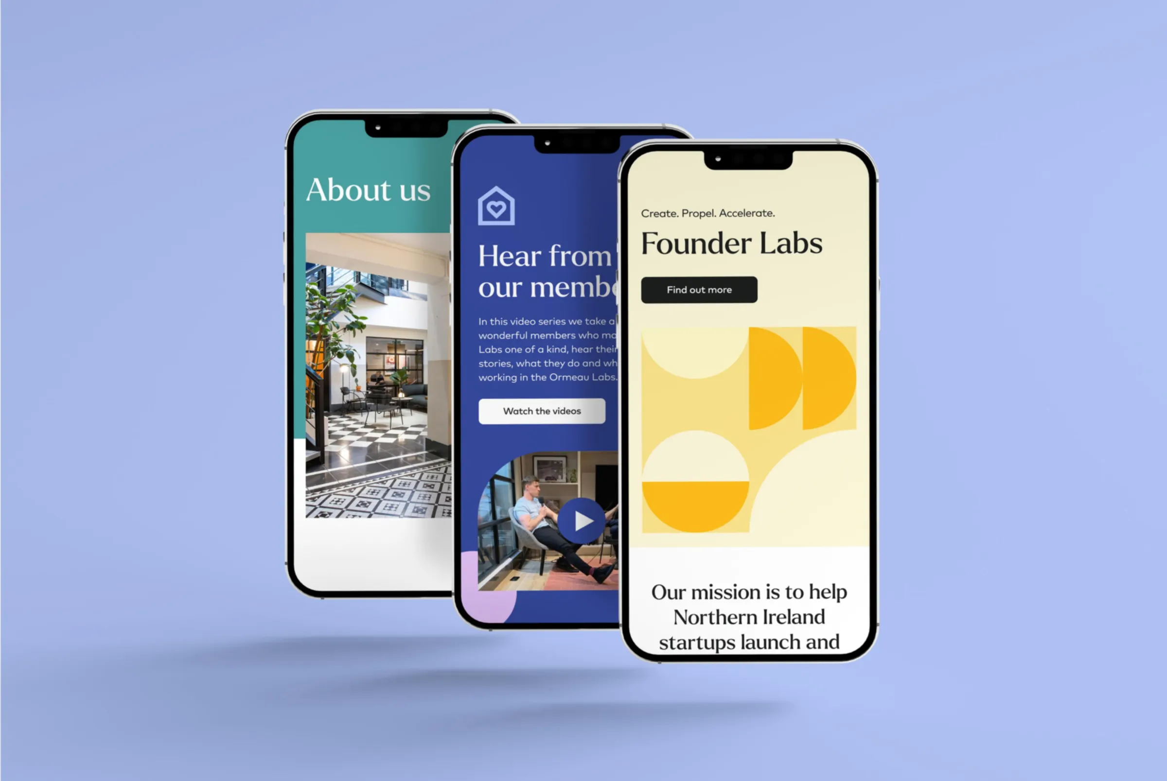 Three different pages designed for the website shown on smart phones