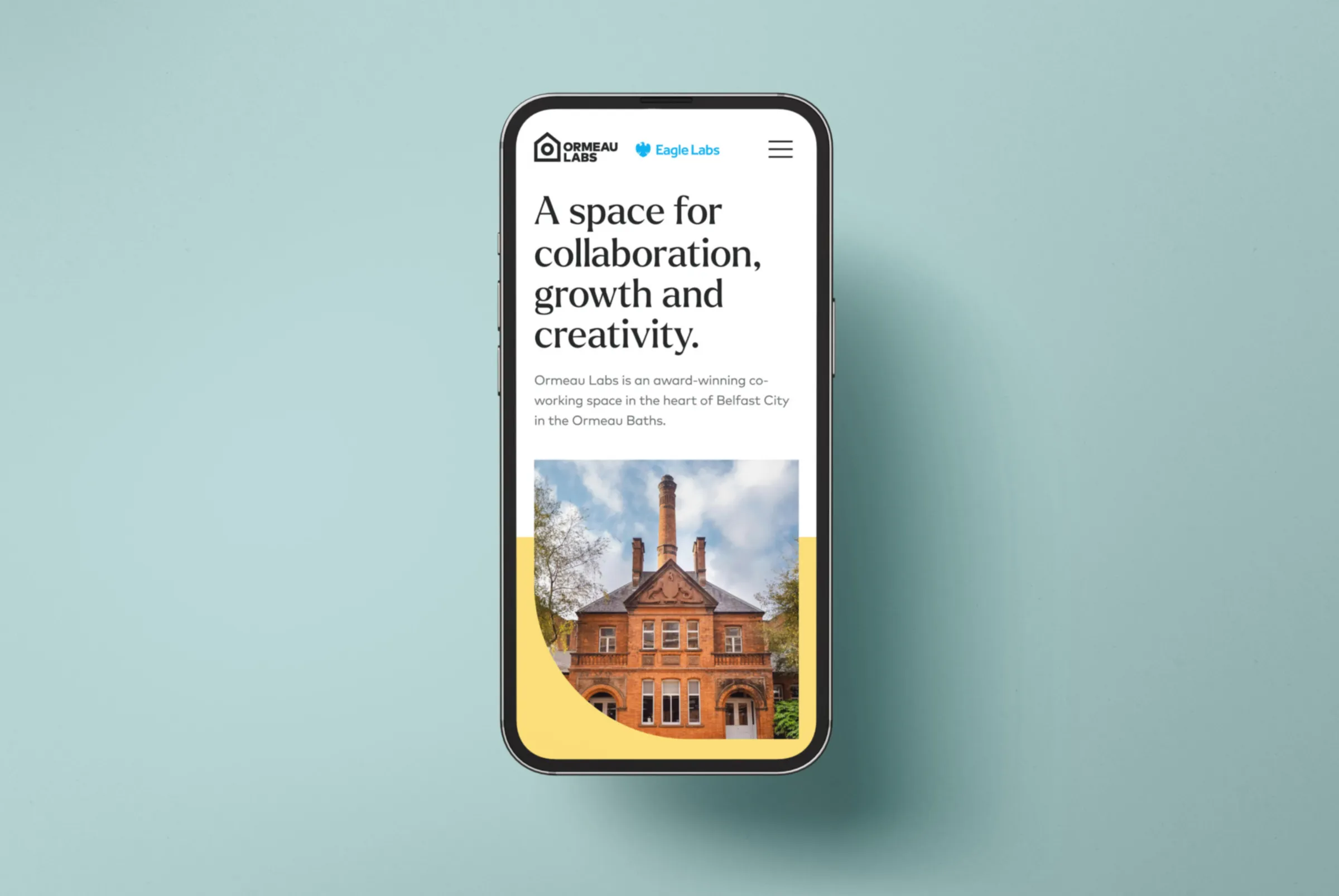 The Ormeau Labs homepage responsive design on an iPhone