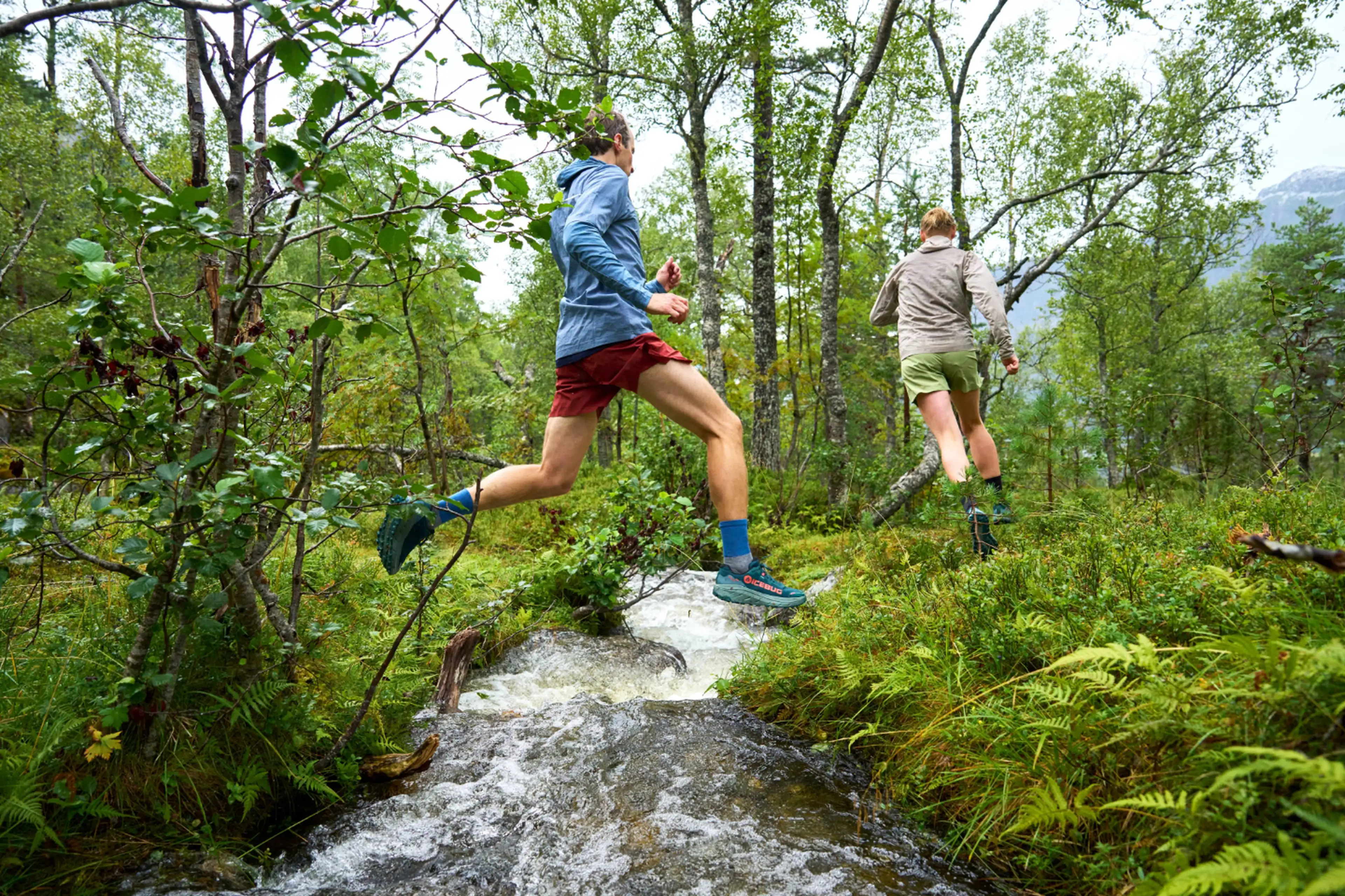 Two people are trail running, leaping over a narrow stream in a lush forest with vibrant green foliage and clear skies.