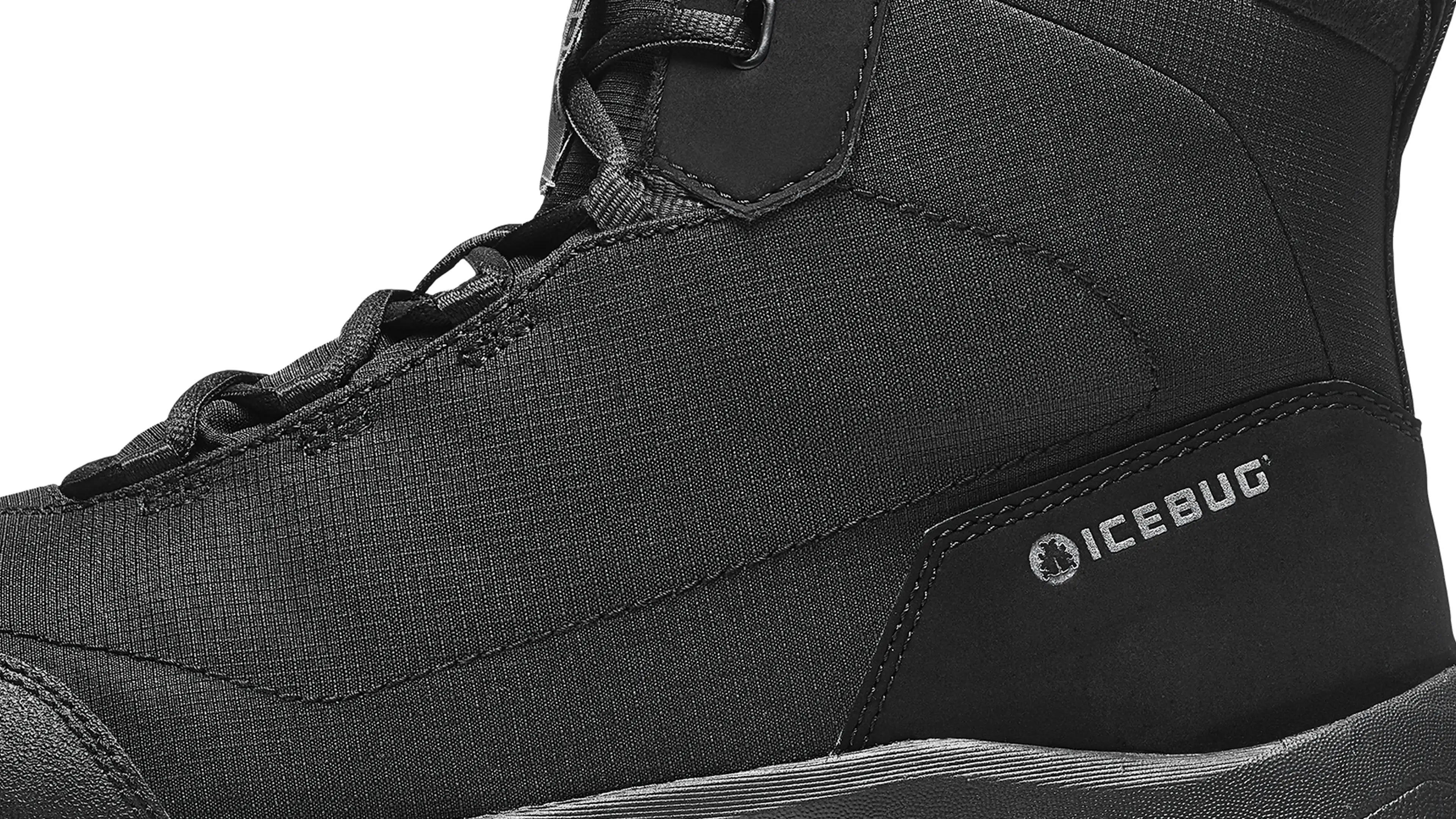 Close-up of a black Icebug boot with detailed stitching, laces, and logo on the side.