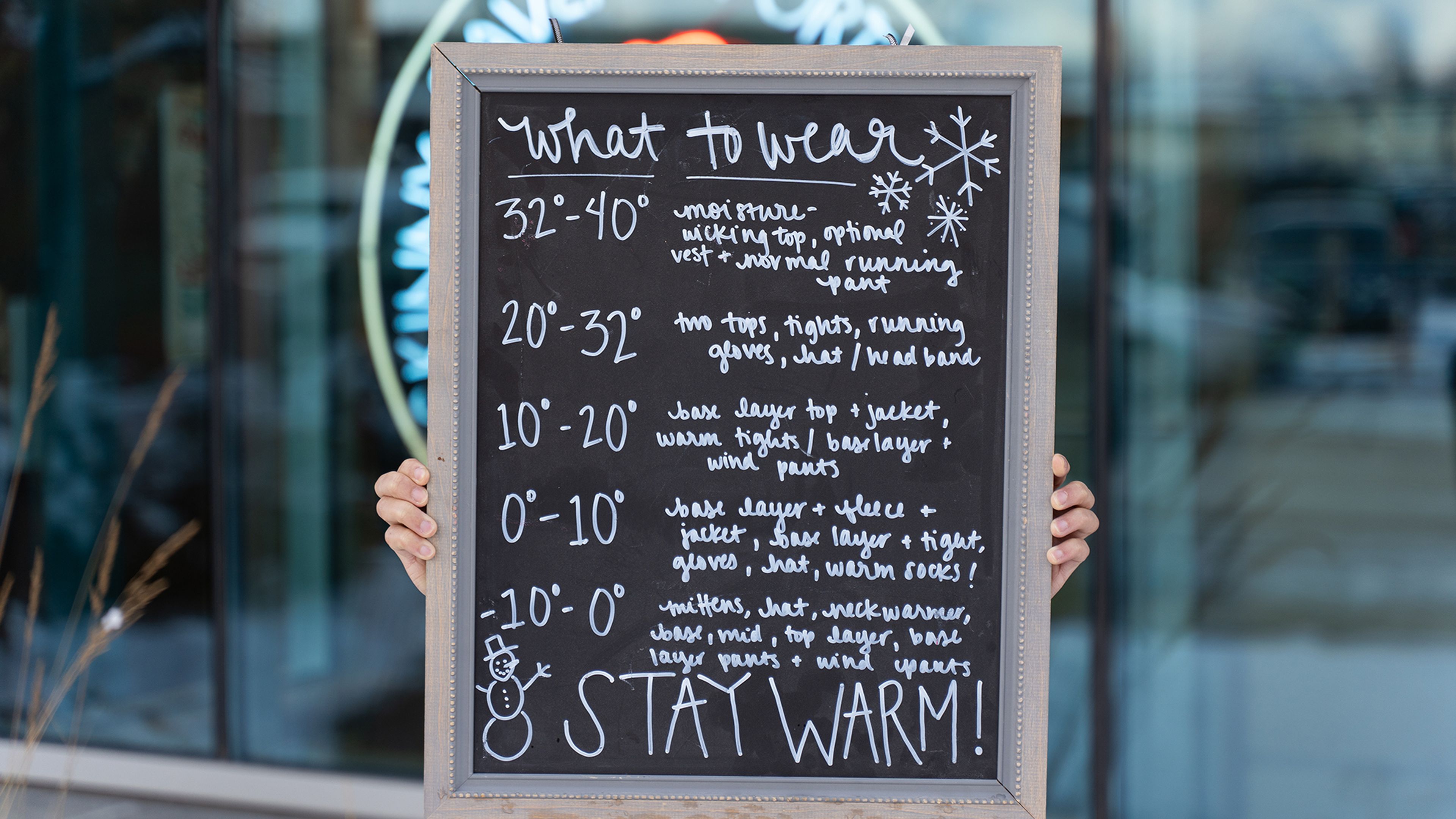 Chalkboard with winter clothing suggestions for temperatures ranging from 32°F to 0°F. Snowflake and snowman drawings included.