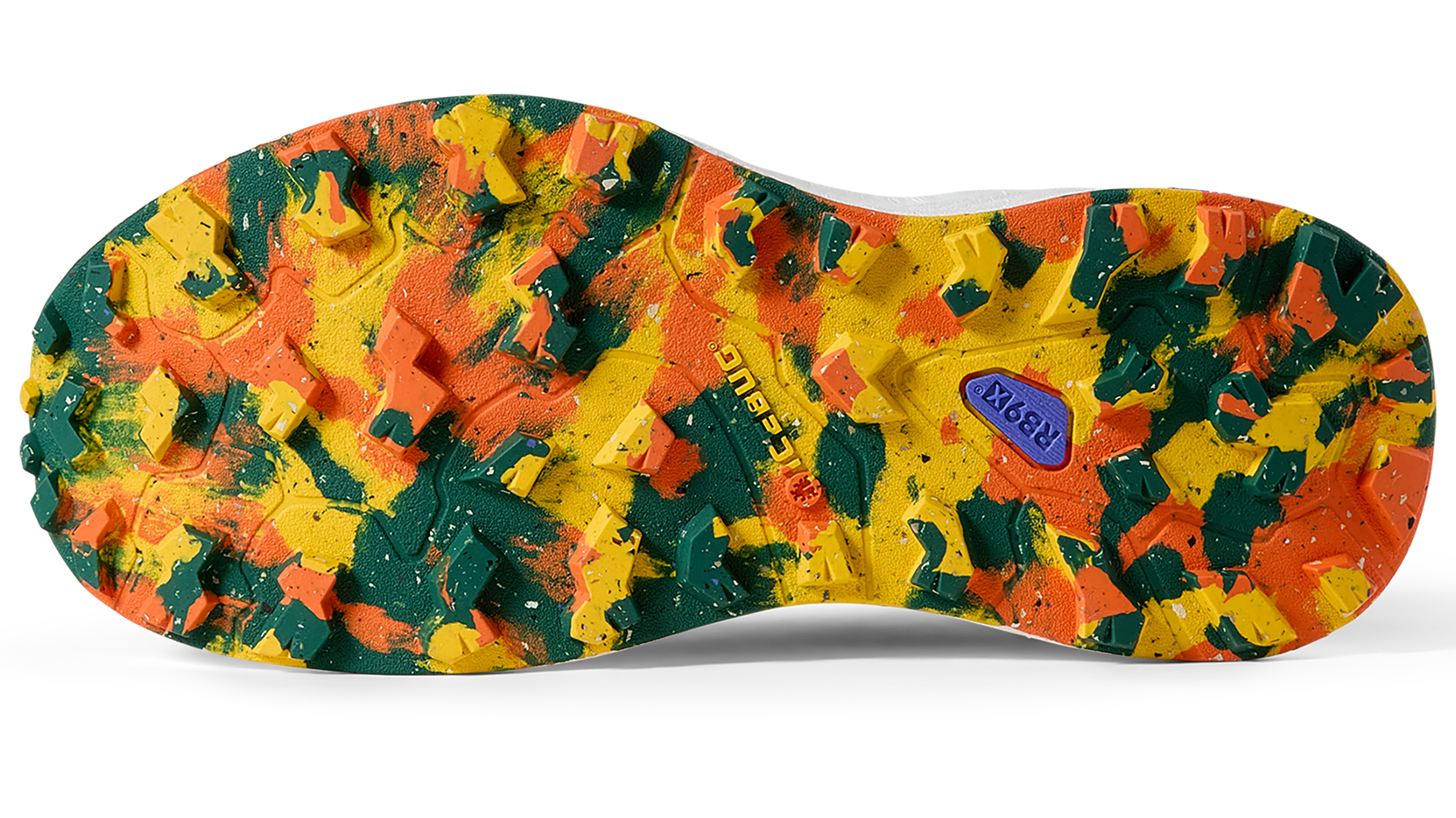 Colorful running shoe sole with a mix of green, orange, and yellow camo pattern, featuring textured grips and the brand name in the center.
